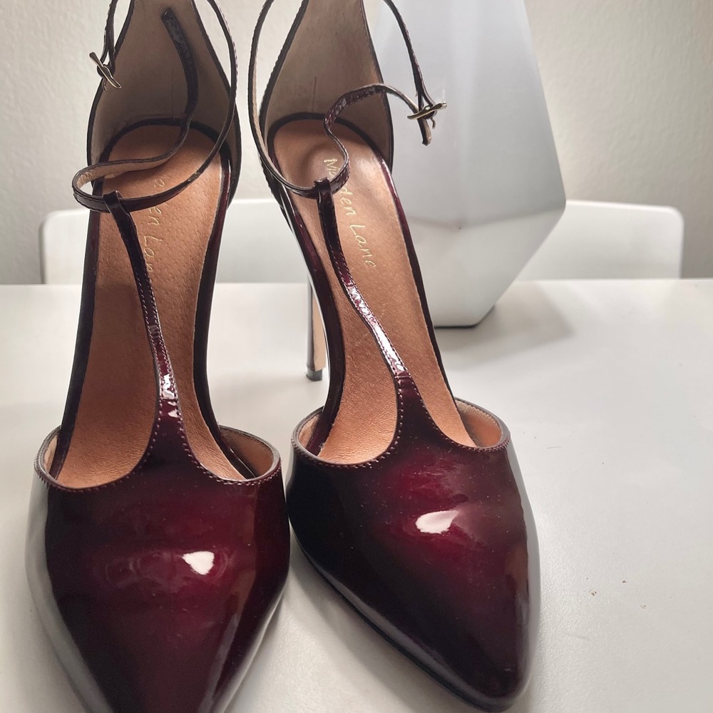 Maiden Lane t-strap patent burgundy pump